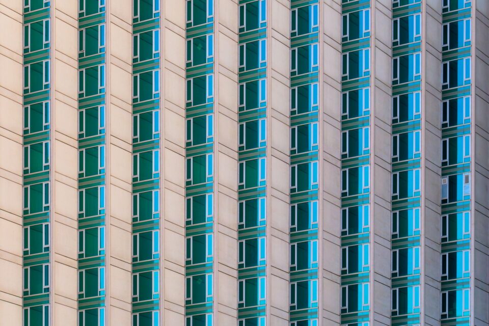 Symmetrical Manhattan office architecture representing enterprise AI operating-model structure